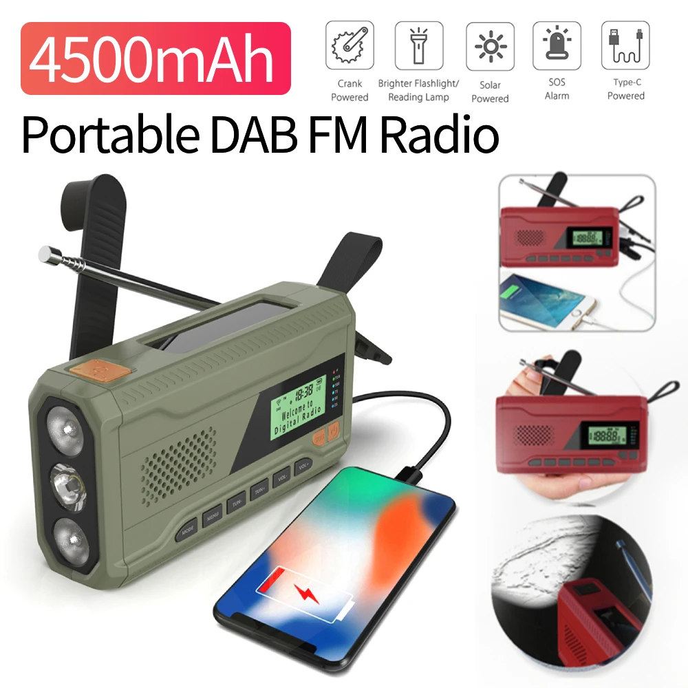 Radio de emergencia de 4500mAh con linterna BT 5,0, altavoz, Radio Solar recargable, Radio DAB FM portátil, Radio meteorológica de emergencia