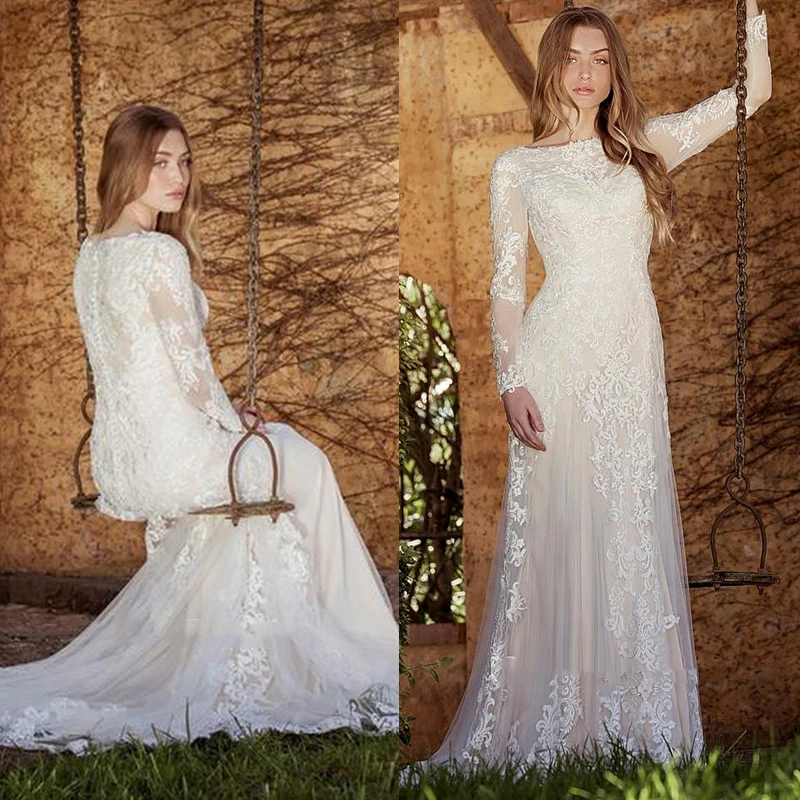 แขนยาว Bohemian Mermaid Wedding Dress Lace Appliques เสื้อยืดคอกลม Fairy ประเทศชุดเจ้าสาวงาช้างกวาดรถไฟ