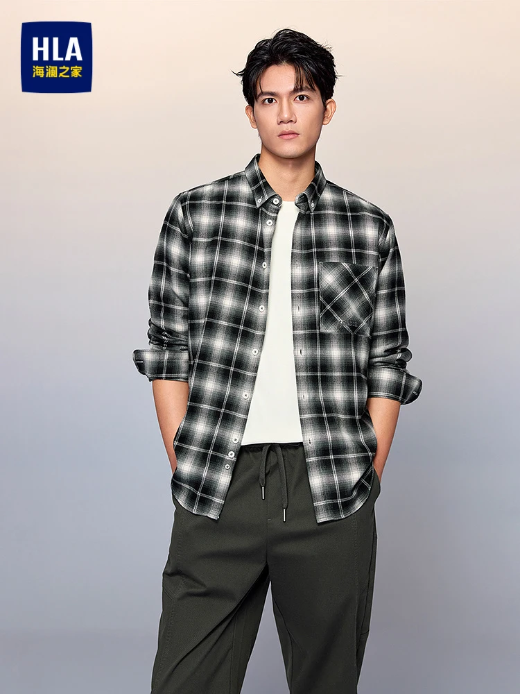 Fashionable Plaid Embroidered Long Sleeve Shirt HLA Home Autumn New Soft Outerwear Collar Button Men's Standard Fit Casual Shirt
