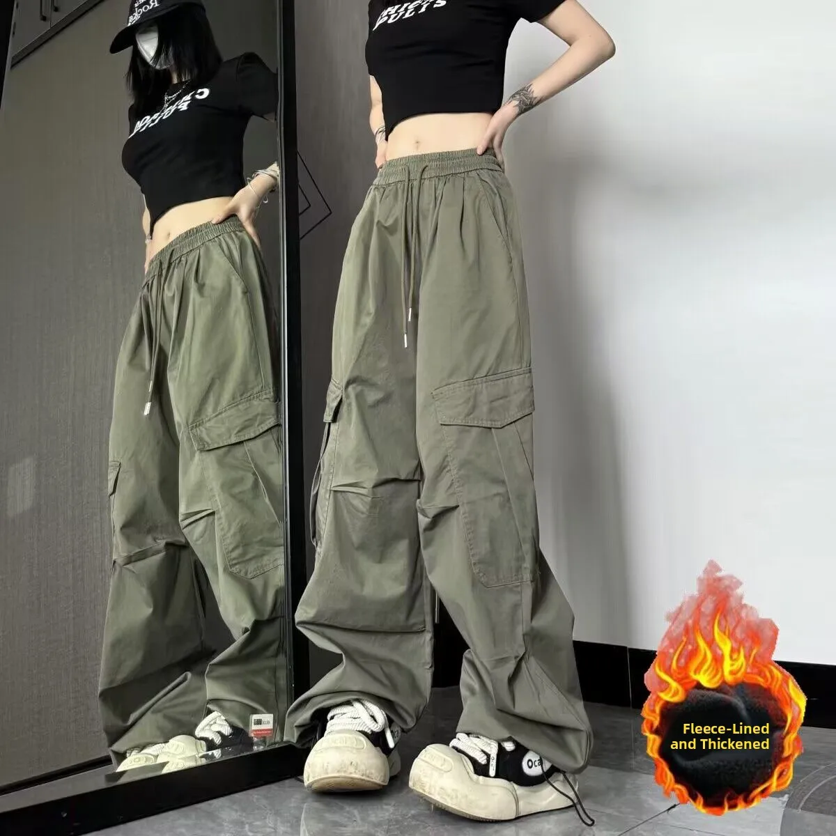 American Style High Street Drawstring Wide Leg Pants Casual Dancing Pants Multi Pocket Workwear Hot Girl Loose Fit Couple's P...