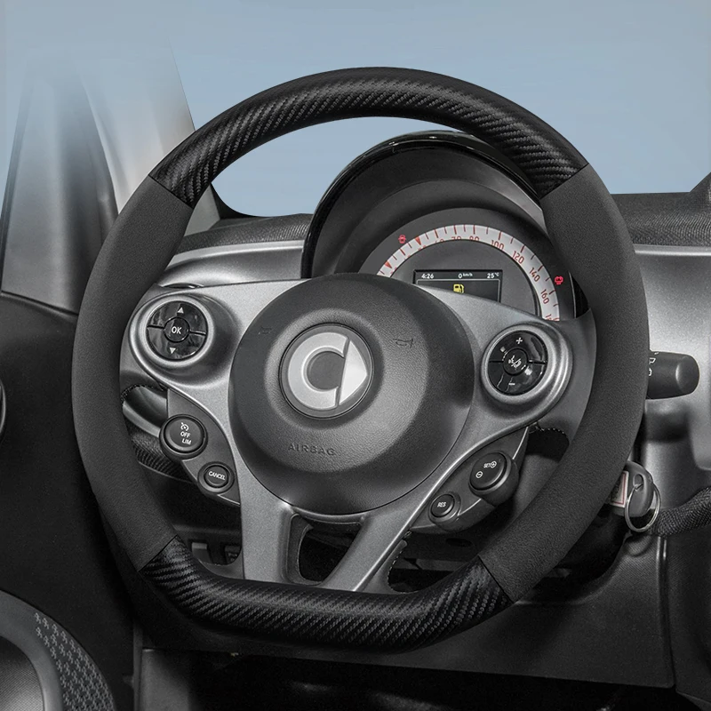 

For Smart Suede Carbon Fiber PU Leather Steering Wheel Cover Fit Fortwo 451 450 453 454 Forfour #1 #3 #5 Electric EV Accessories