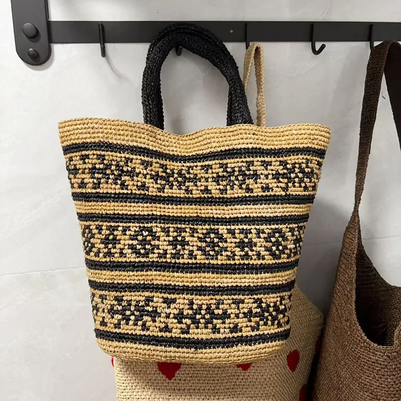 

Handmade Woven Lafite Grass Woven Bag Women's Summer Outing Black Patchwork Woven Handbag for Vacation Beach