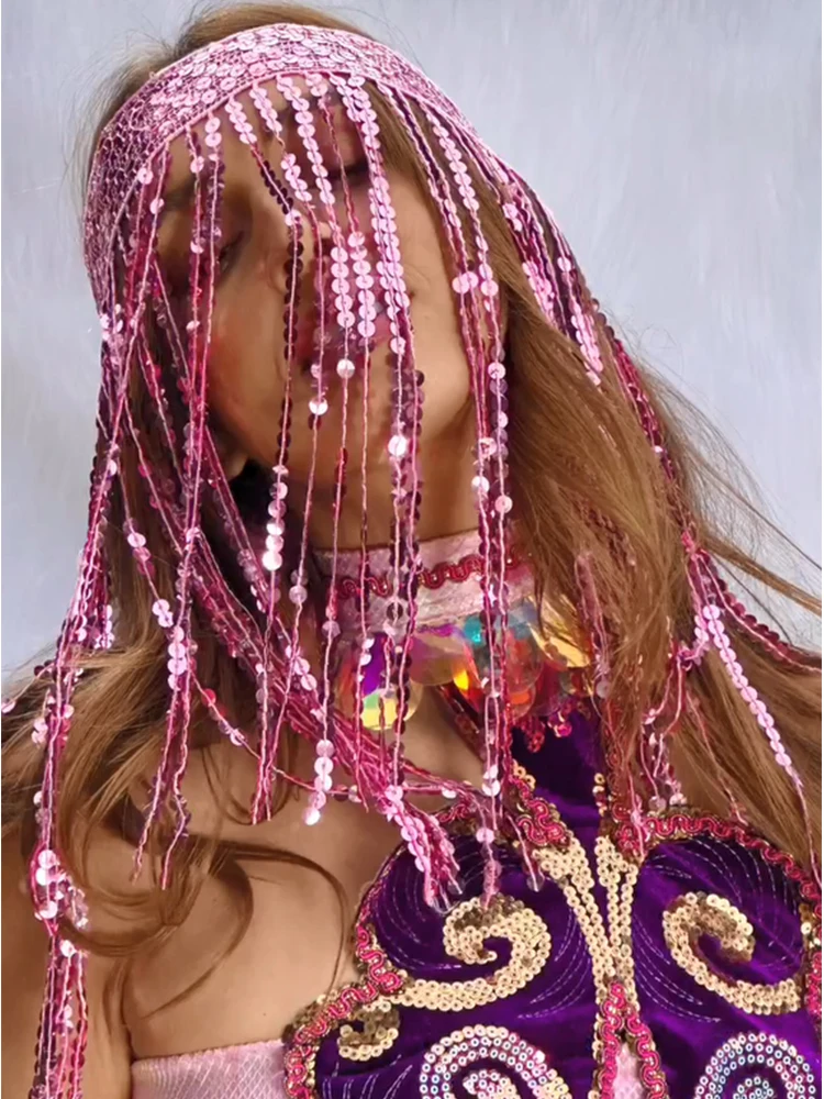 

Women Acrylic Tassel Sequins Hairband Face Shield Hollow Out Bandage Scarf Decoration Rave Festival Party Luxury Accessories