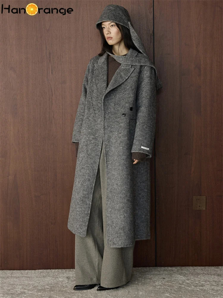 HanOrange 2026 Winter Retro with Hat Double-sided Woolen Overcoat Women Loose Silhouette Long Coat Gray