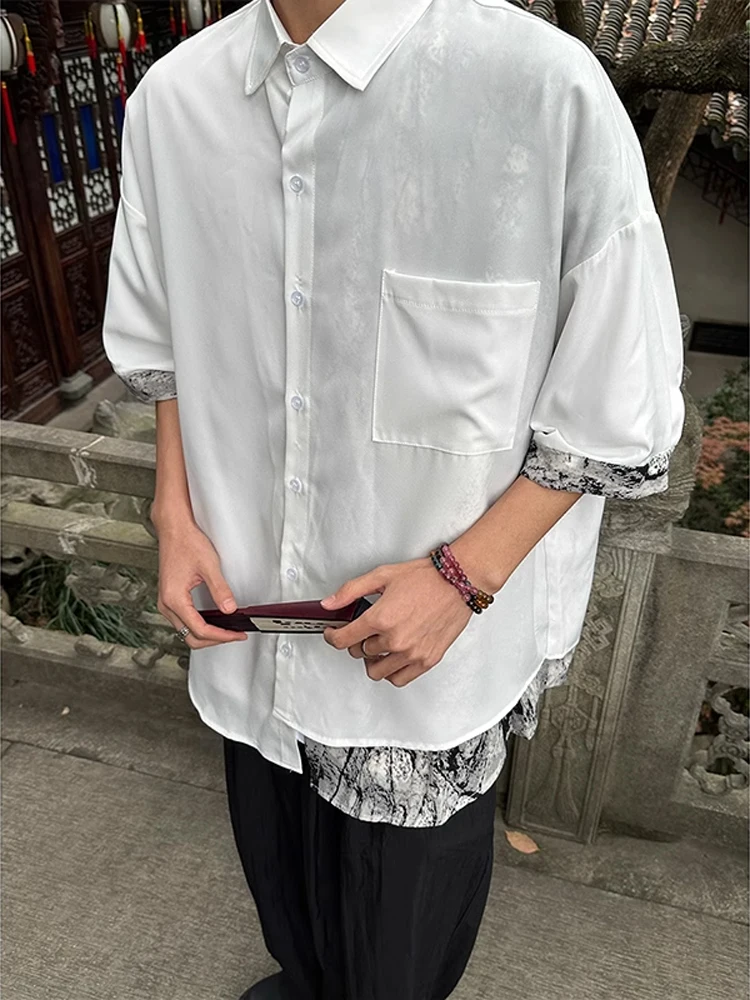 

Новая мужская рубашка в китайском стиле с имитацией двухслойности, акварельным принтом, в стиле Тан, с воротником-стойкой, летняя.