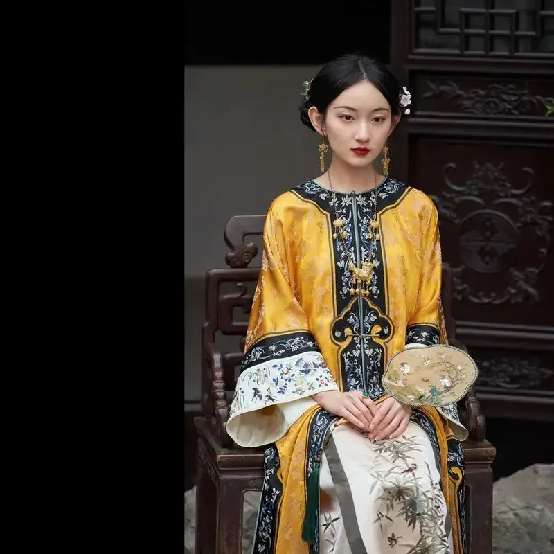 

Printing Yellow Long Qipao LateQing Dynasty Heavy Industry Satin Jacquard Cloak Traditional Robe Retro Oriental Cheongsam Summer