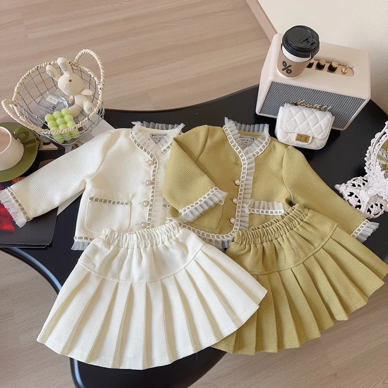 

Children's New Outfit for Girls, Stylish Korean Style Baby Girl's Autumn Set, Lace Trim Jacket and Skirt Two-Piece Set