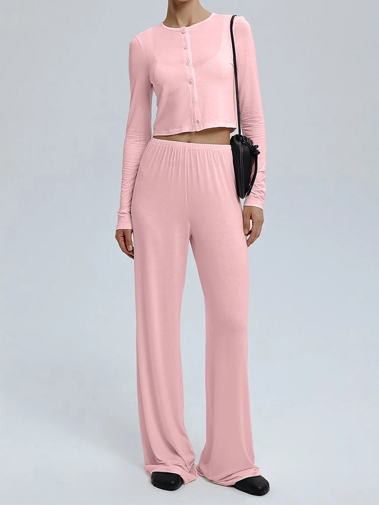 

Hiloc Pink Long Sleeve Round Neck Crop Top 2-Piece Sets Loose Elastic Floor-Length Pants Suit Casual Woman Autumn Pajama Outfits