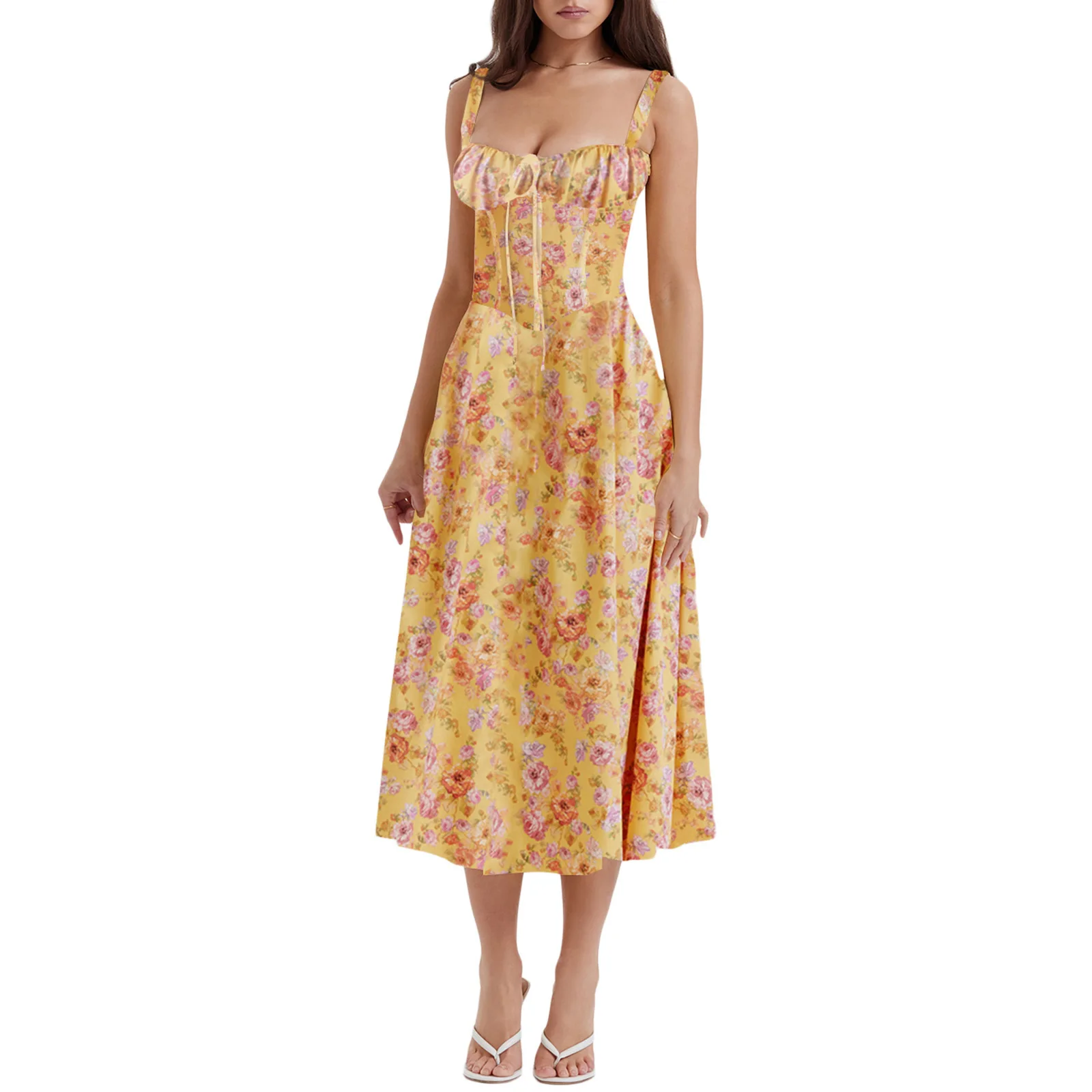 Robe mi-longue élégante à imprimé Floral pour femmes, tenue trapèze, vêtements féminins, robes tendance, été 2025