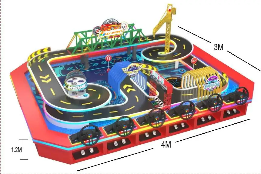 4MX3M Indoor RC Race Track with 6 Racing Cars & 6 Steering Wheels Metal Pedals for Kids' Amusement & Games