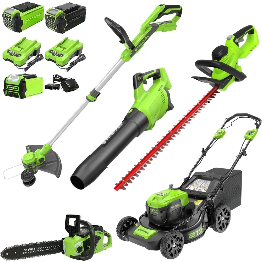 

40V 21" Self-Propelled Mower,Axial Leaf Blower,12" String Trimmer,Chainsaw,Hedge trimmer with Batteries and Chargers