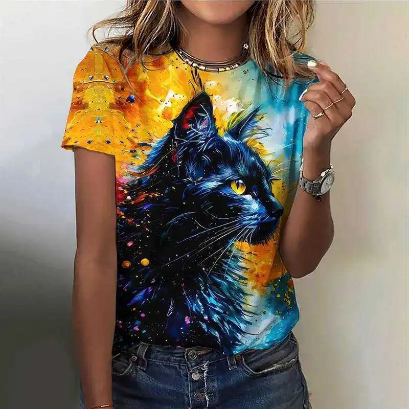 Floral Cat Print T-Shirt for Women - Light Summer Fabric with 3D Design - O-neck Short Sleeve Tee