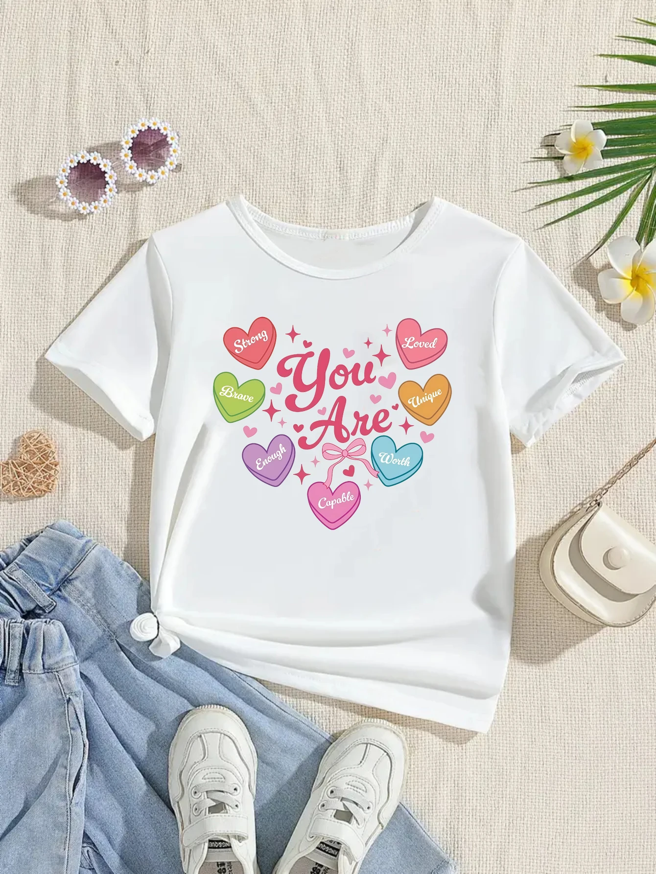 

Bow Hearts Stars Valentine'S Day Gift T-Shirt You Are Loved Worth Strong Brave Enough Printed Tshirt Girls Kawaii Kids Clothes