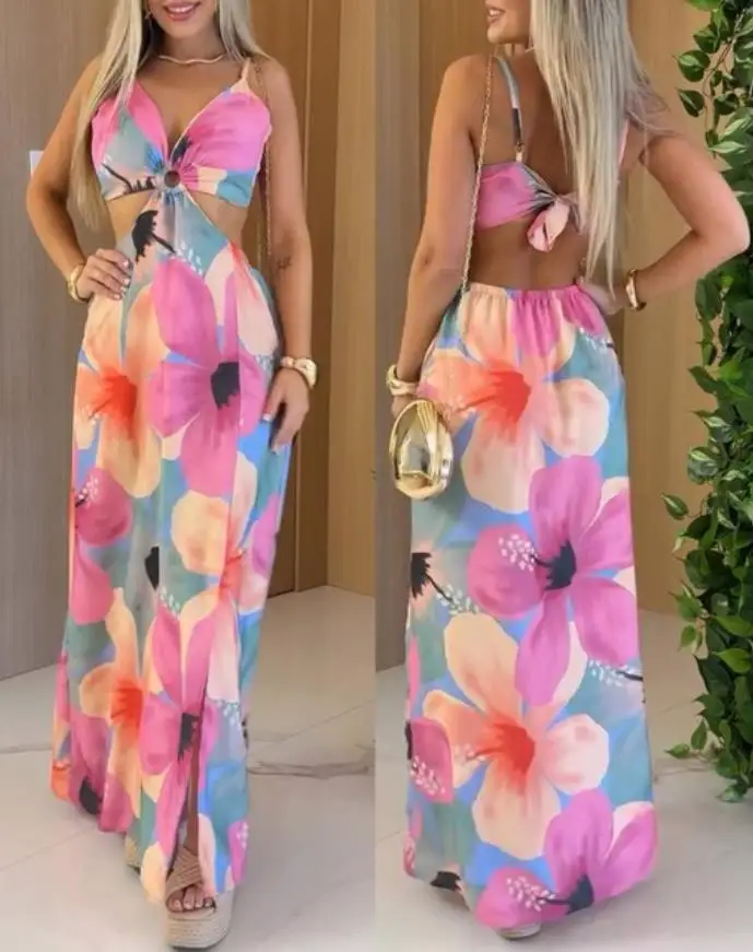 

Floral Print V Neck Hollow-out Spaghetti Strap Dress Elastic Waist Back Tied Detail Slit Maxi Dress