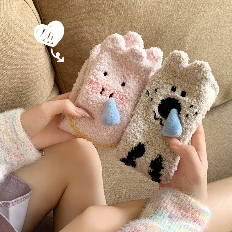 1 pair of women's winter plush tube socks, cute animal personalized ear floor socks