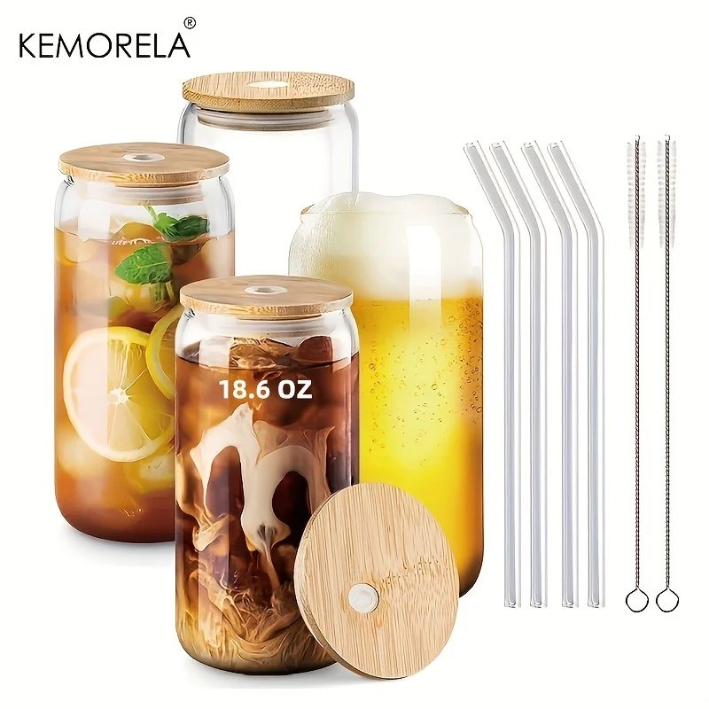 18.6OZ 1/2/4PCS  Glass Cup With Lid and Straw Transparent Bubble Tea Cup Glass Beer Can Milk Mocha Cups 550ML Mug Drinkware