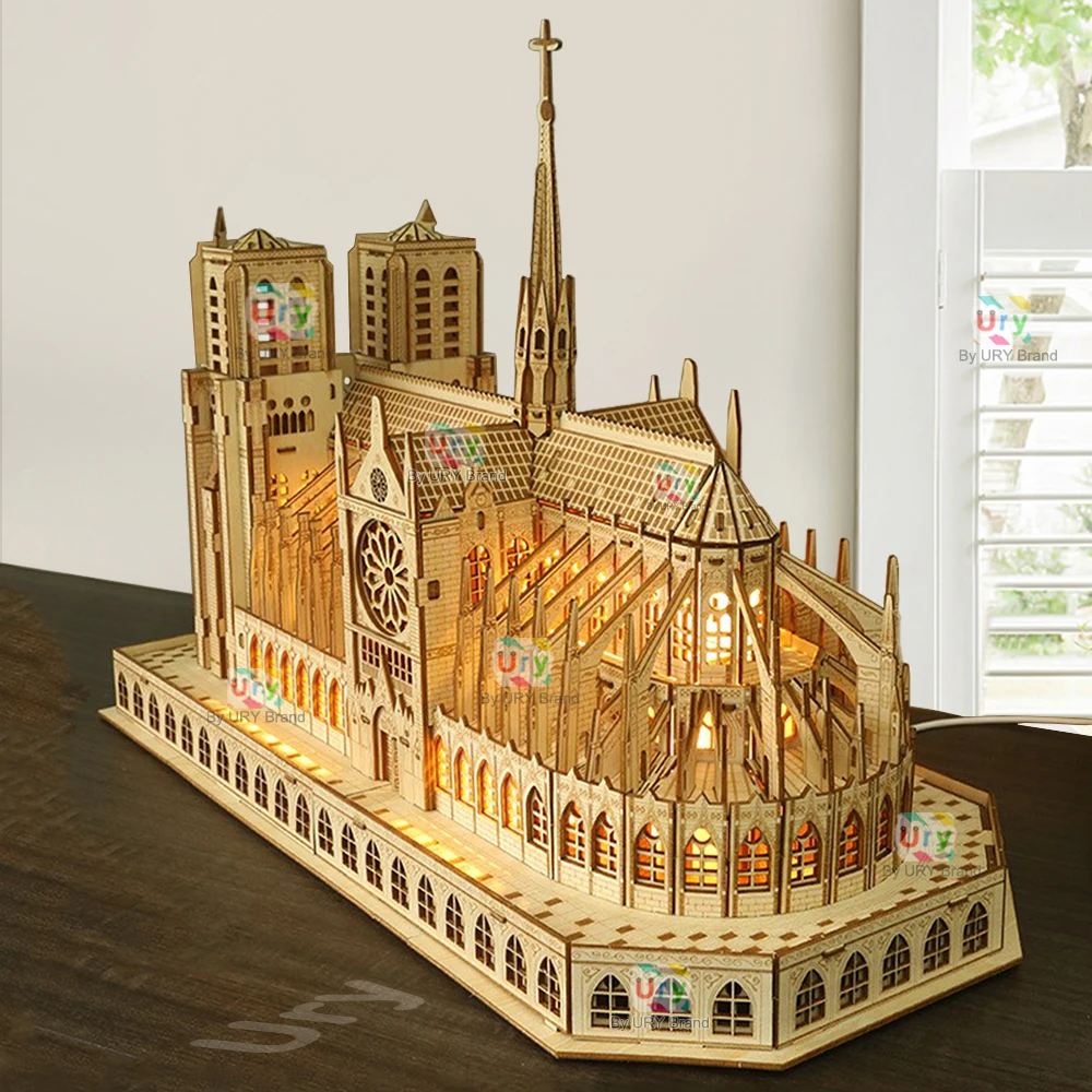 3D Wooden Puzzle Notre Dame Cathedral in Paris Royal Castle With Light Assembly Kits For Adult DIY Model Decoration for Gifts