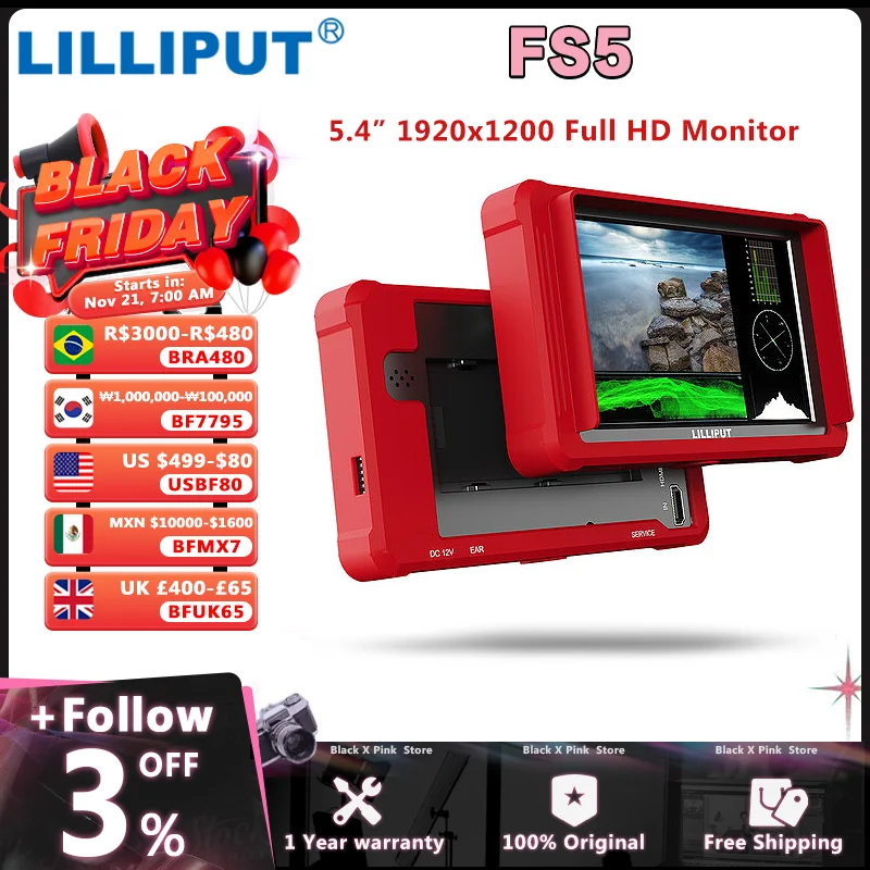 LILLIPUT FS5 5.4 Inch Monitor on Camera DSLR Field FHD HDR 3G-SDI 4K HDMI-compatible 60 Hz 3D LUT Waveform DCI-P3 Color Space