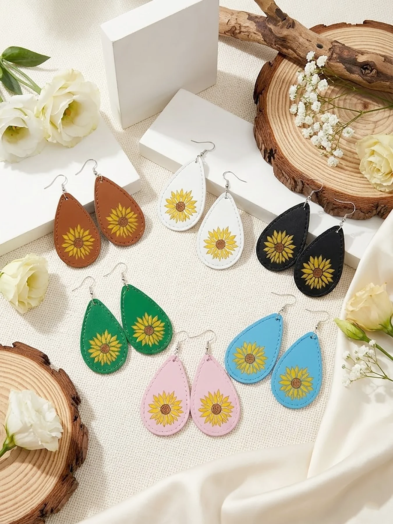 6 Paar/Set, schlichtes und stilvolles Damen-Ohrring-Set, pastoraler Retro-Stil, doppelseitiger Sonnenblumen-Druckprozess, zusammengesetzte, mit verdickten Kanten versiegelte, exquisite