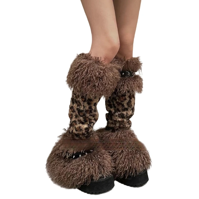 Women Harajuku Plush Leopard Leg Warmers Faux Furs Boot Covers with Rivets Garter for Festivals Parties Furry Leg Sleeves