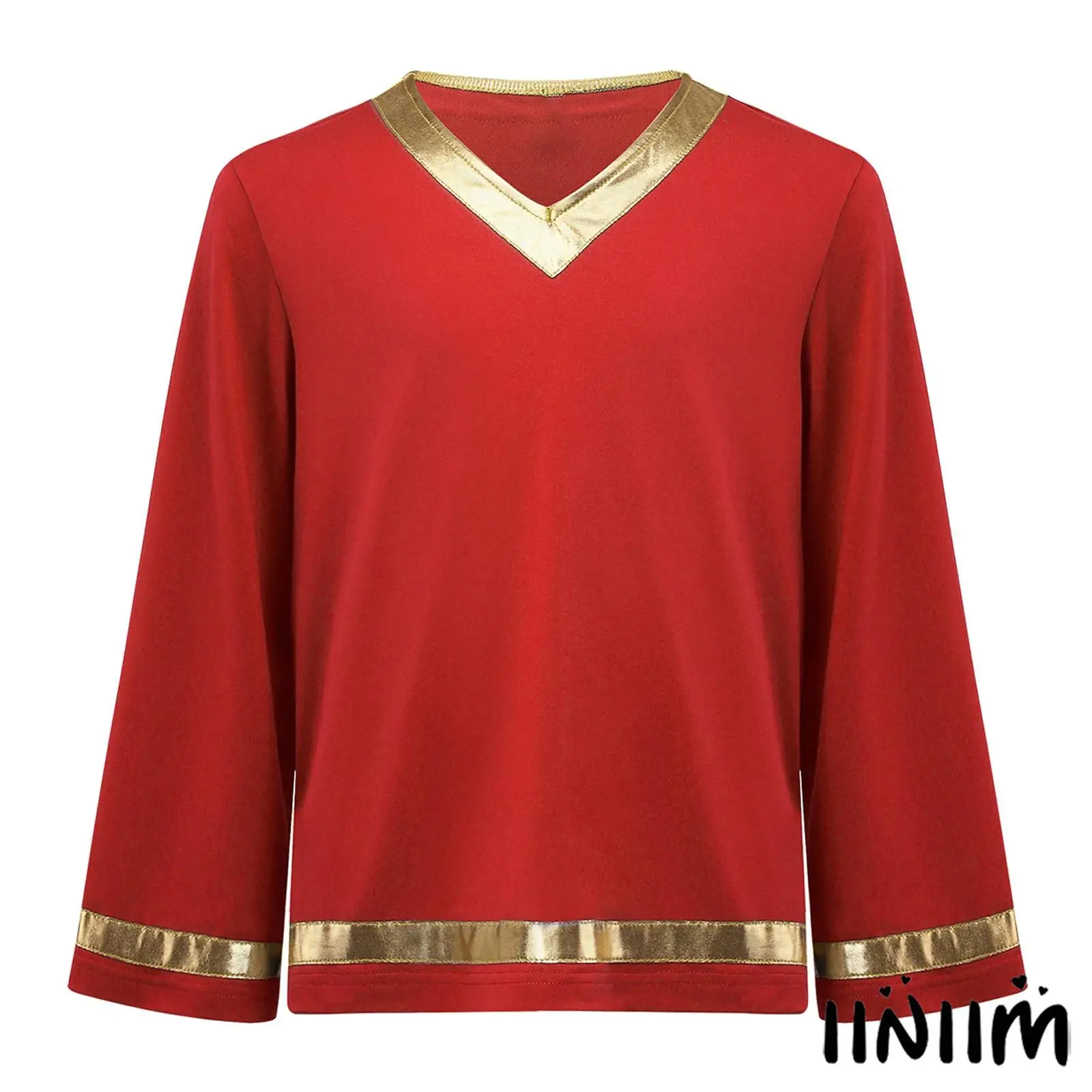 

Boys Praise Dance Top Child Metallic Shiny V Neck Long Sleeve Pullover for Liturgical Worship Performance Modern Dancewear