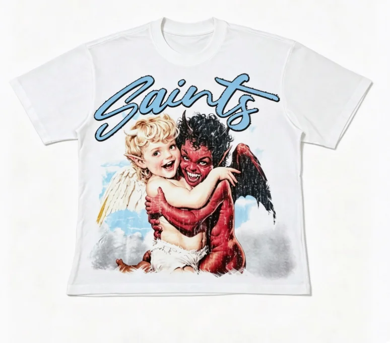 2026 new Vintage Angel And Devil Child Portrait Cursive Letter Graphic Tee Unisex Black Short Sleeve Casual Loose Daily Top