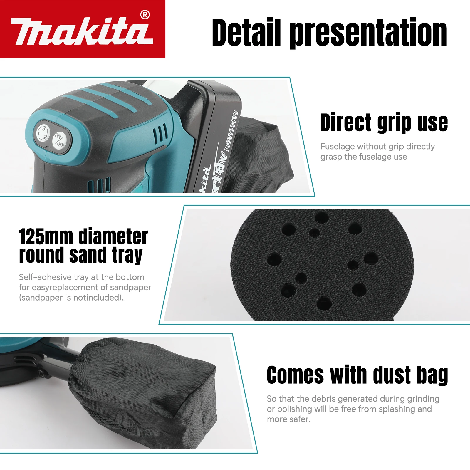 Makita DBO180Z 18V Rechargeable Random Orbital Sander Bare Tool for Woodworking Surface Sanding Polishing Projects