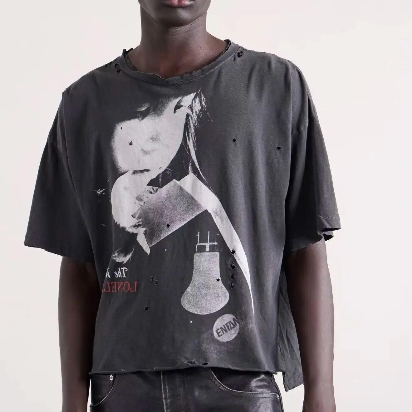 Vintage Distressed Short Sleeve Tee Men Women Washed Black Double Sided Graphic Print Hole Destroyed Hem Oversized Streetwear