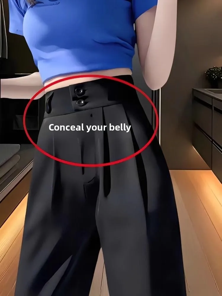 Black Casual High Waist Wide Leg Suit Pants Women Spring Summer Autumn plus Size Hiding Hip Flattering Drapey Straight Cut