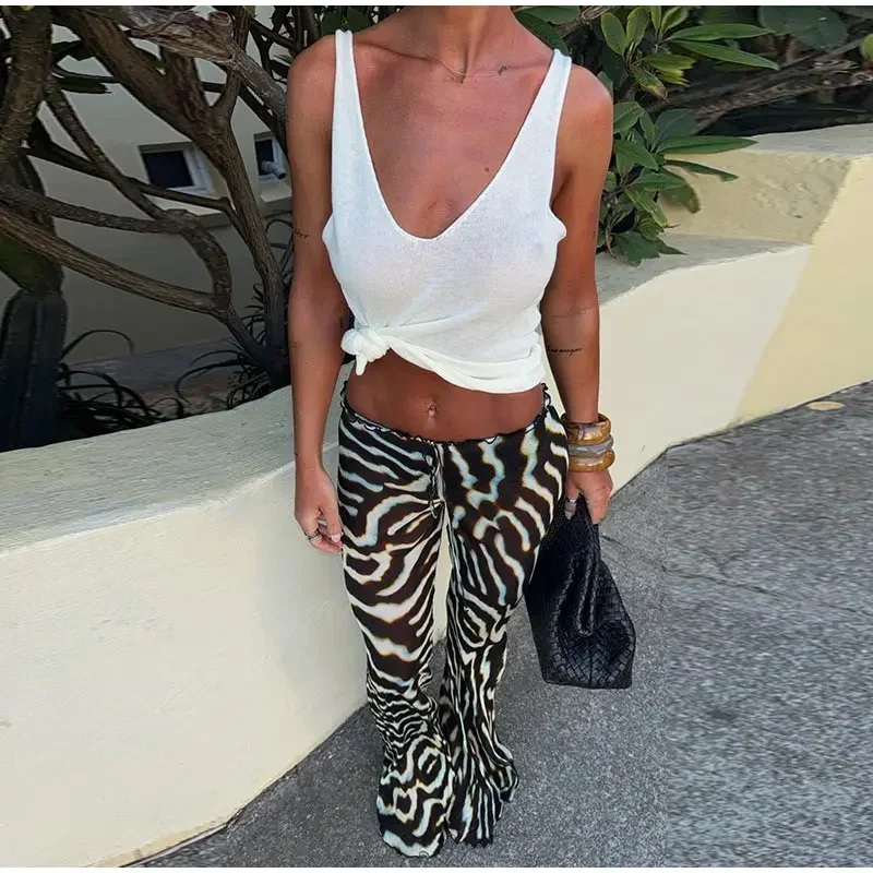 Sexy Zebra-Gestreiftes Langarm-Oberteil und Schlaghosen-Set für Damen, Schlanker V-Ausschnitt Einreihige Weste, 2-teilig, Sommer 2026 Strand-Urlaubsoutfit – Detail 13