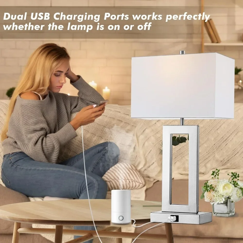 Imagem -03 - Conjunto de Candeeiros de Mesa Prateados com Portas Usb Duplas Candeeiros de Cabeceira com Controle de Toque Regulável de Vias Candeeiro de Mesa Moderno para Quarto