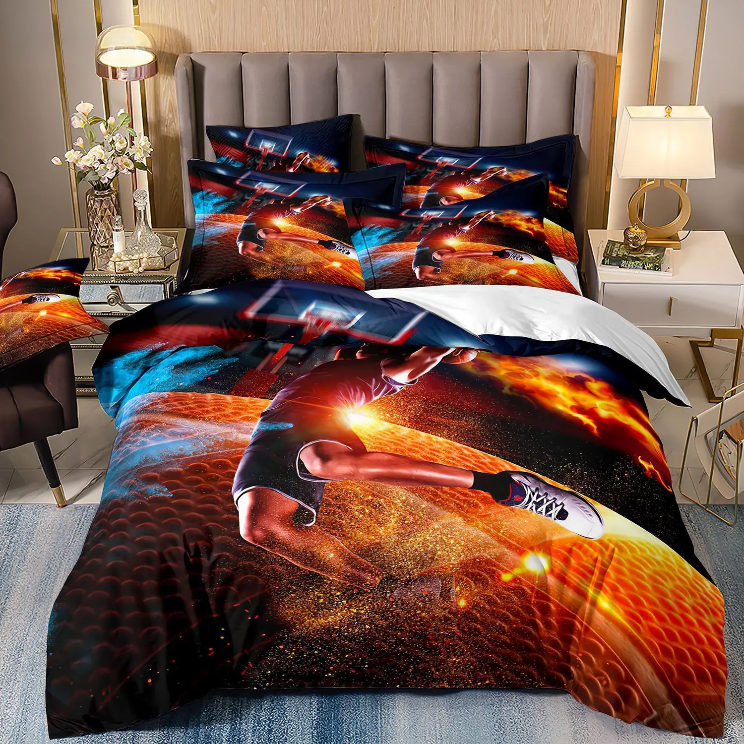 Duvet Cover Set, Flame Basketball Print Bedding Set, Soft Comfortable Duvet Cover, For Bedroom, Guest Room