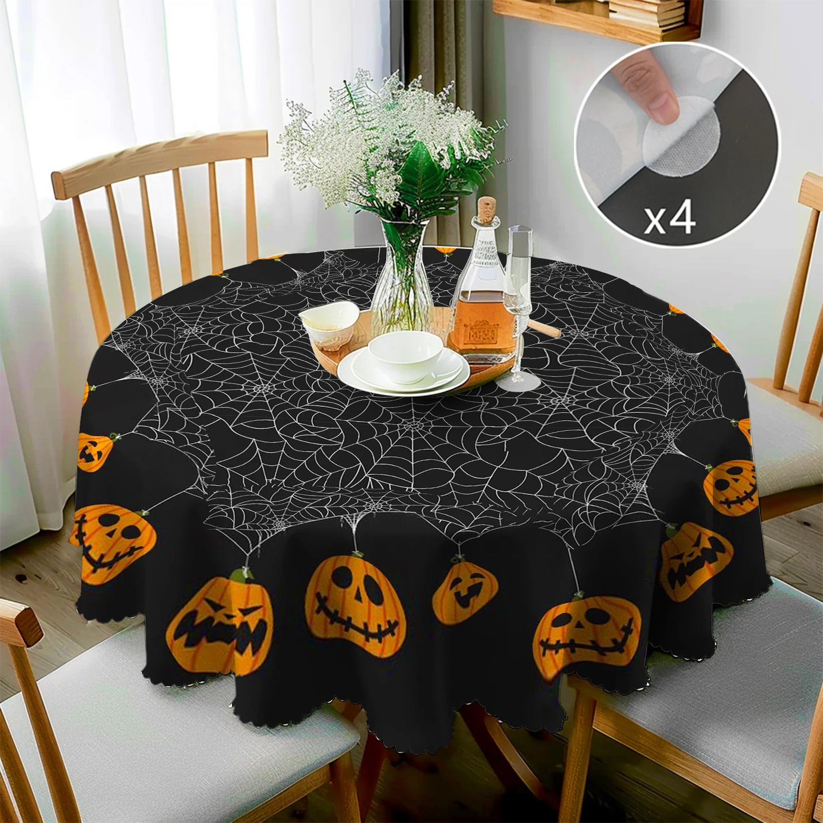 1 Piece, Round/Visect Polyester Tablecloth, Halloween Horror Atmosphere Printing, Pumpkin Head and Spider Web Pattern, Embossed Edge, for Home Kitchen, Living Room Dining Table Balcony Coffee Table, Holiday Holiday Table Decoration Tablecloth, Outdoor Picnic Decoration, Coffee Table Desktop Decoration Tablecloth, Perfect Holiday Gift-H080