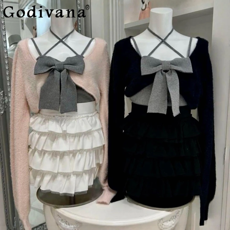 2025 estilo japonês doce grande arco colete de malha cardigan conjunto de 2 peças primavera outono novo feminino emagrecimento elegante camisola casual