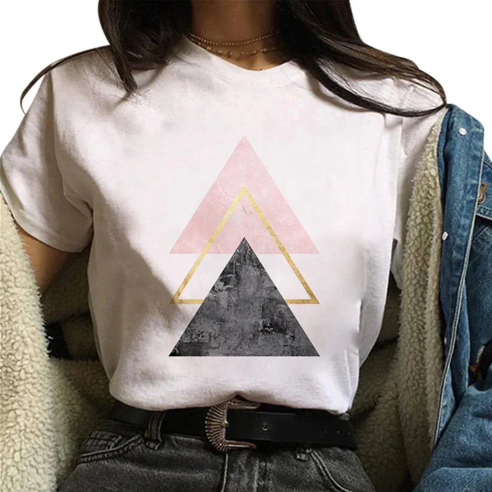 Bela geometria impressa gráfico t-shirt, feminino manga curta Tee, E25, tops bonitos