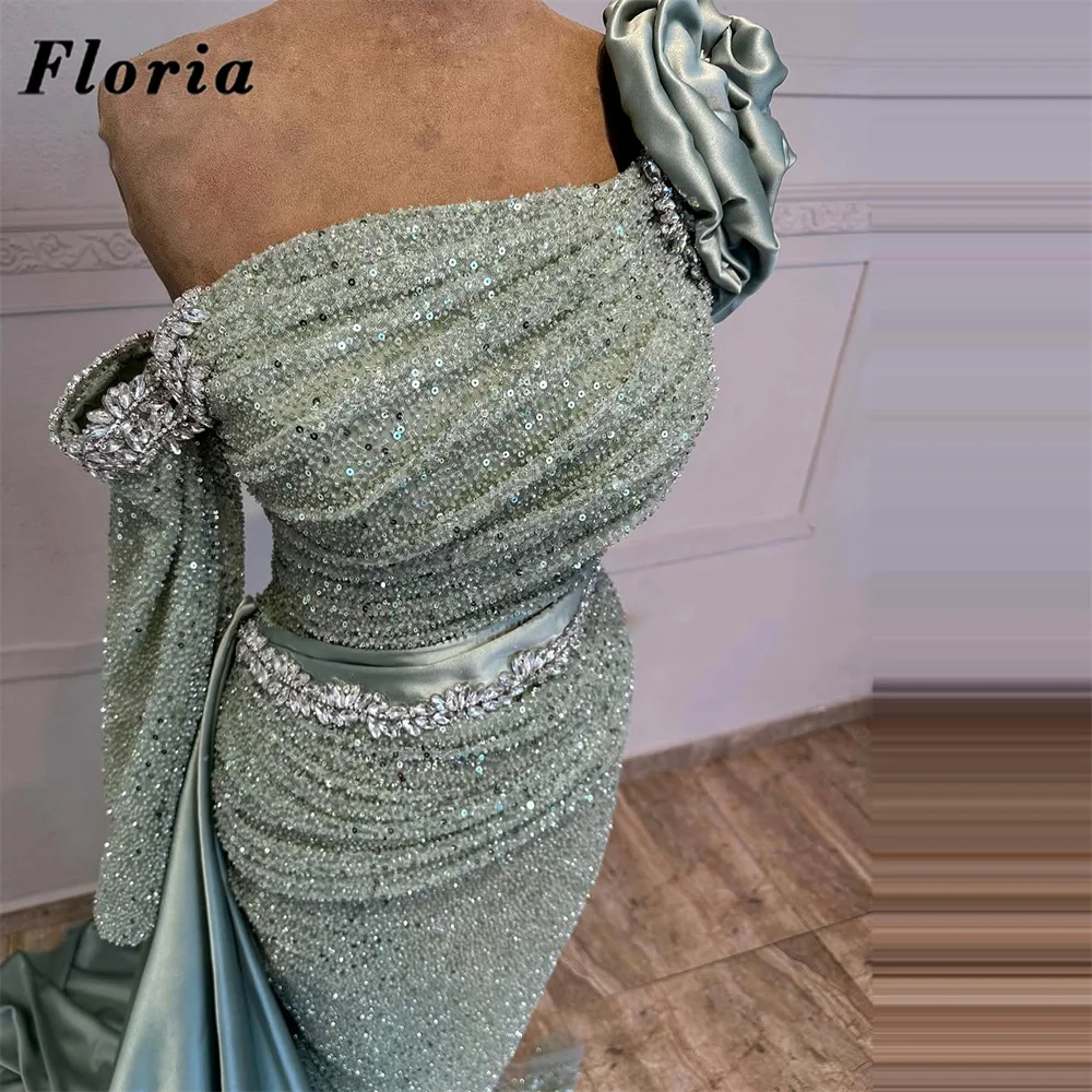 

Mint Green Sequins Evening Dresses One Shoulder Beading Women Birthday Party Reception Dress Customized Cocktail Gowns Vestidos