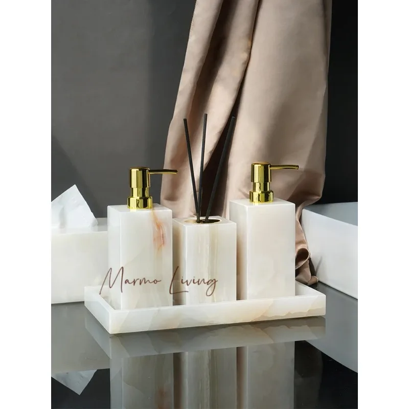 

White Onyx Natural Marble Bathroom Accessories Luxury Soap Dispenser Cotton Swabs Container Reed diffuser Tray Bathroom Set