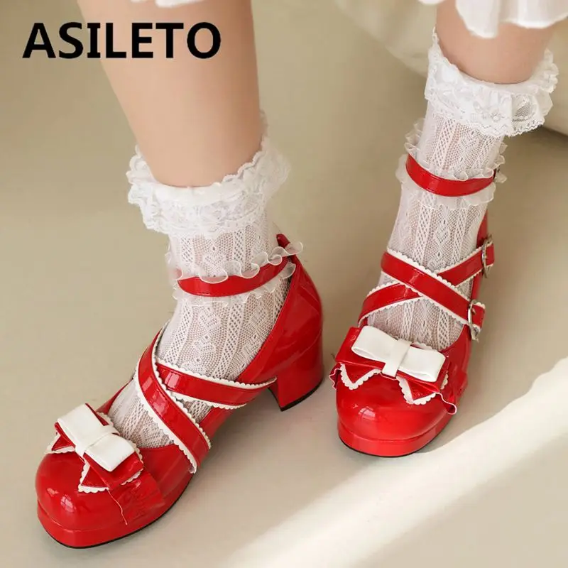 ASILETO Sweet Lolita Style Girls Pumps Block Heel Bowknot Ankel Buckle Strap Large Size 47 48 Stress Daily Women Shoes Spring