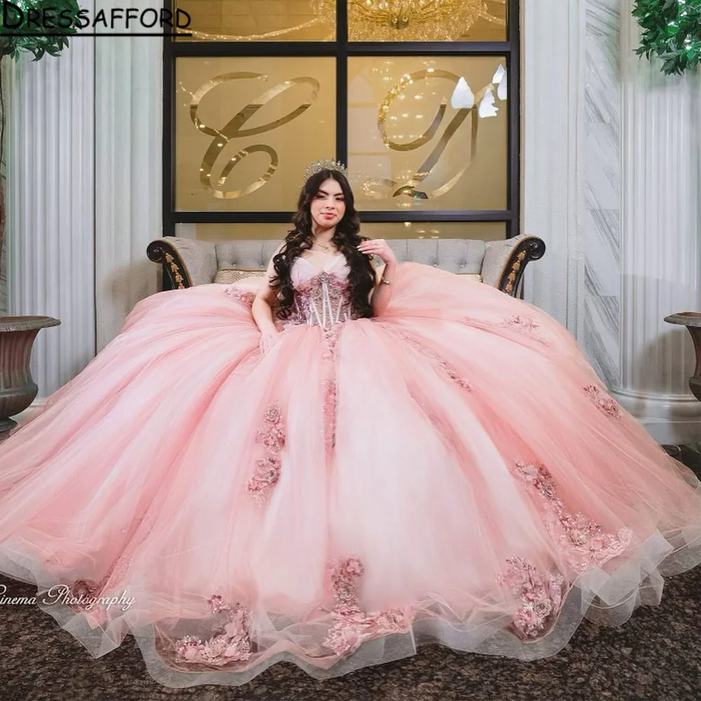 Pink Princess Fairy Quinceanera Dresses Spaghetti Straps 3D Floral Applique Boning vestidos de 15 años quinceañeras 2024