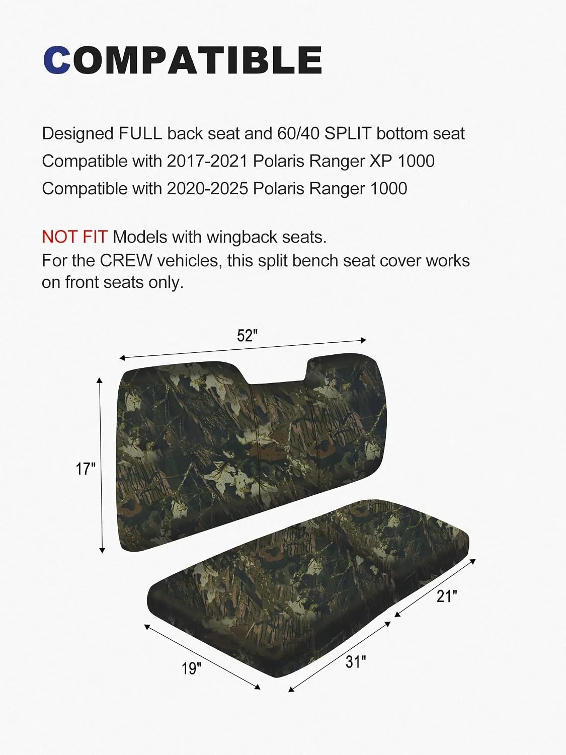 UTV Seat Cover Compatible with Polaris Ranger 1000 2020-2025 & Ranger XP 1000 2017-2021 Waterproof Wear-resistant Seat Protector