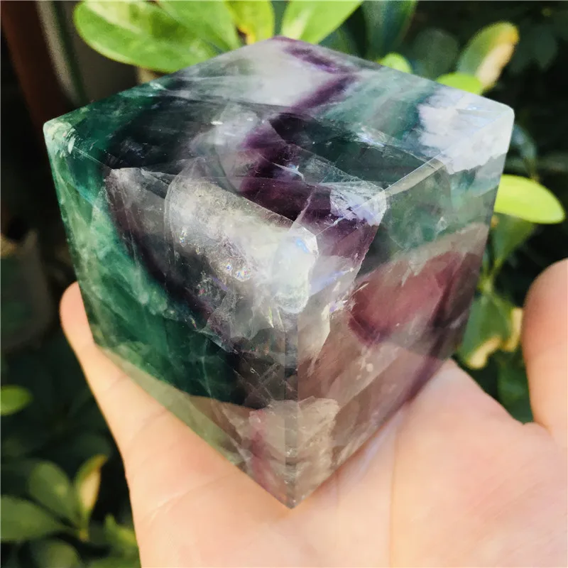 860g natural crystal seven-color fluorite square polished home decoration