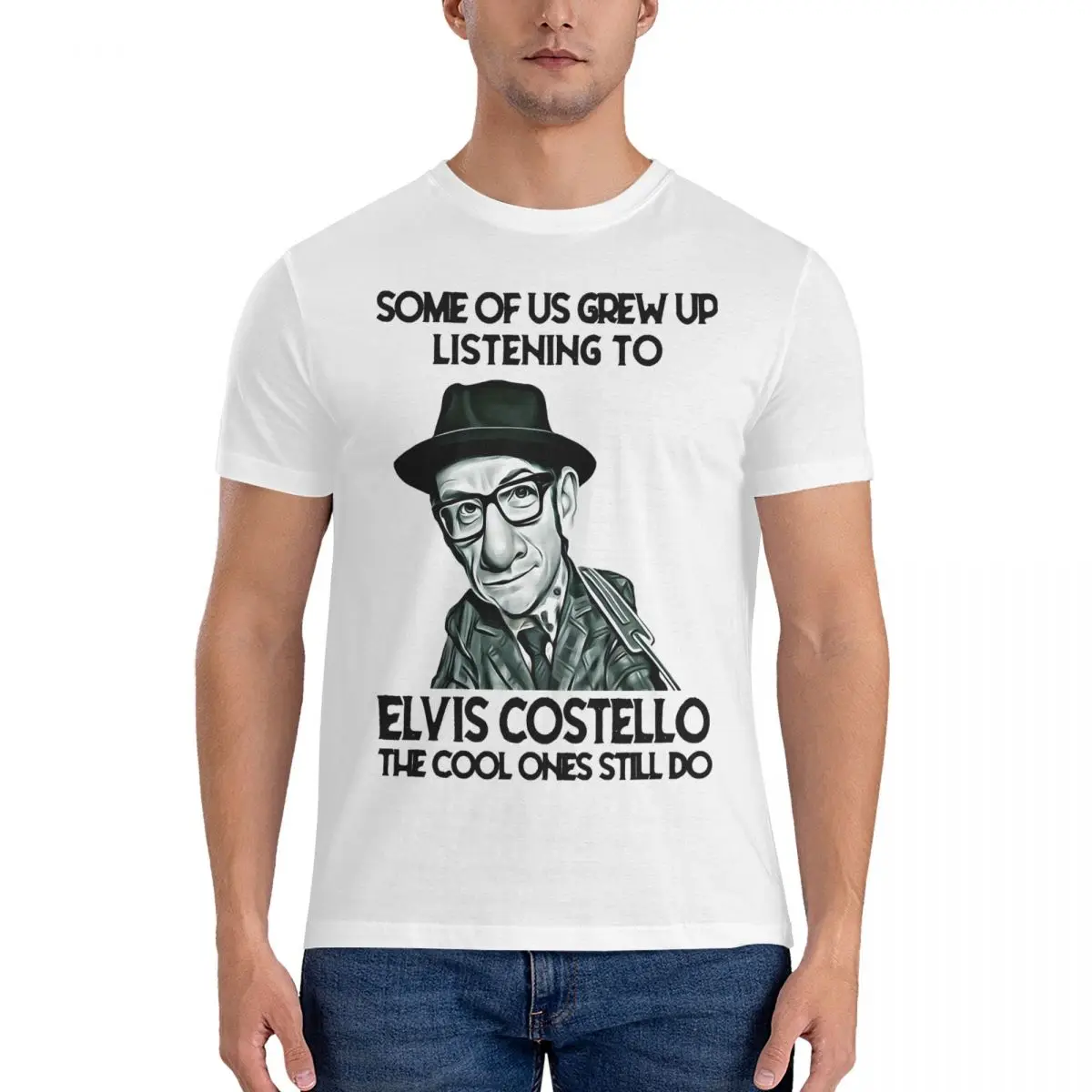 Men's T-Shirts Music Novelty 100% Cotton Tee Shirt Short Sleeve E-Elvis Costello T Shirts Round Collar Tops New Arrival