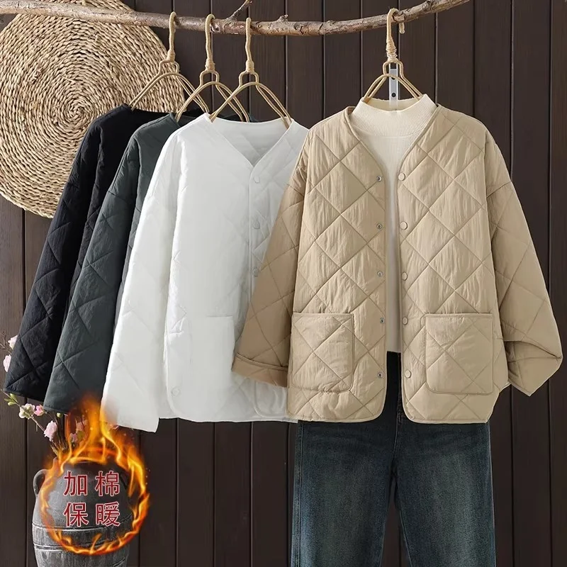 

Korean Style Women‘s Lightweight Cotton Jacket Argyle Loose Casual Short Coat Round Neck Spring Autumn Versatile Top w1903