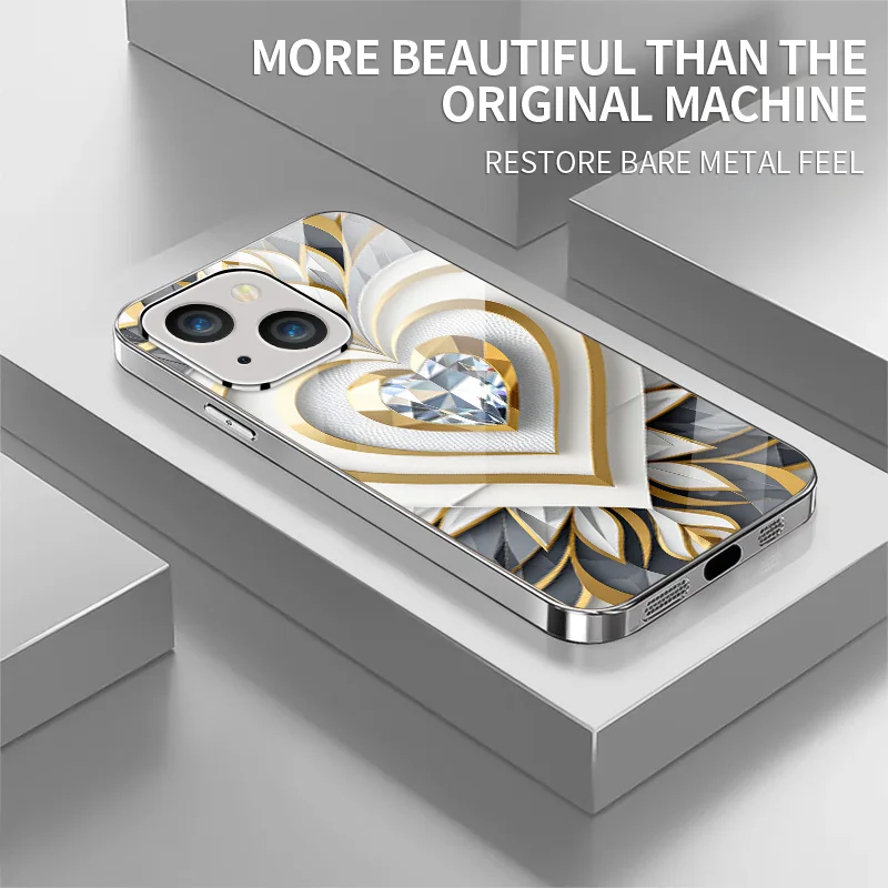 Gold white diamond heart-shaped electroplated glass design, suitable for iPhone 17/16/15/14/13/12/11, etc.