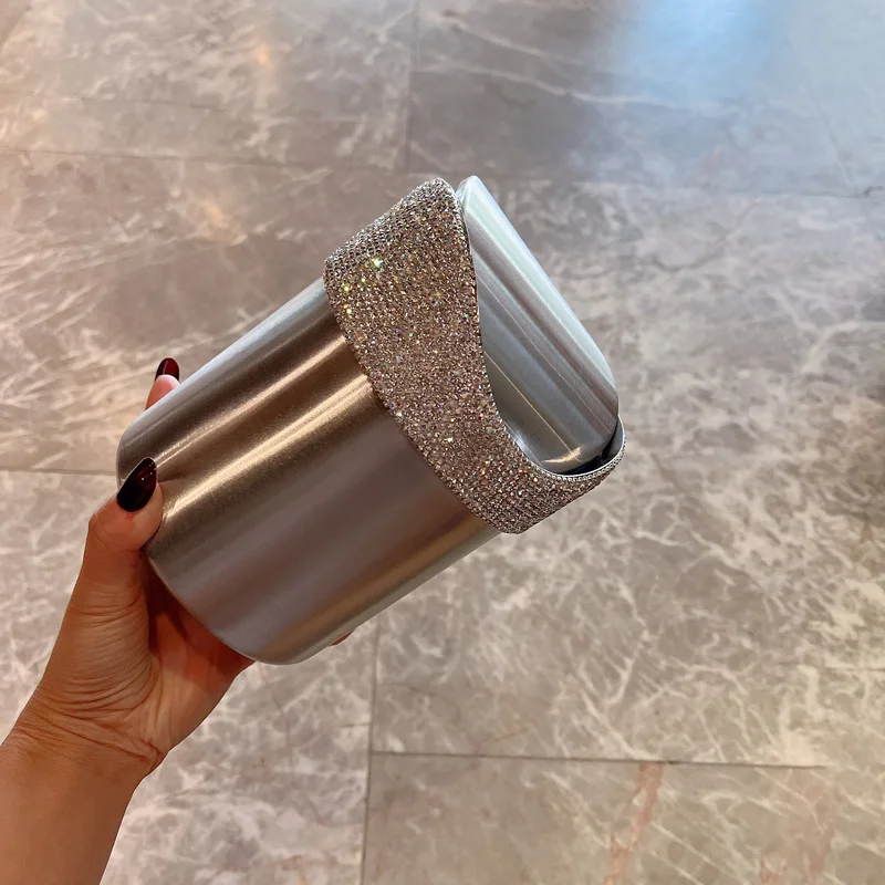 Light Luxury Diamond-studded Stainless Steel Shake Cover Type Household Desktop with Cover Large-capacity Car Storage Bucket