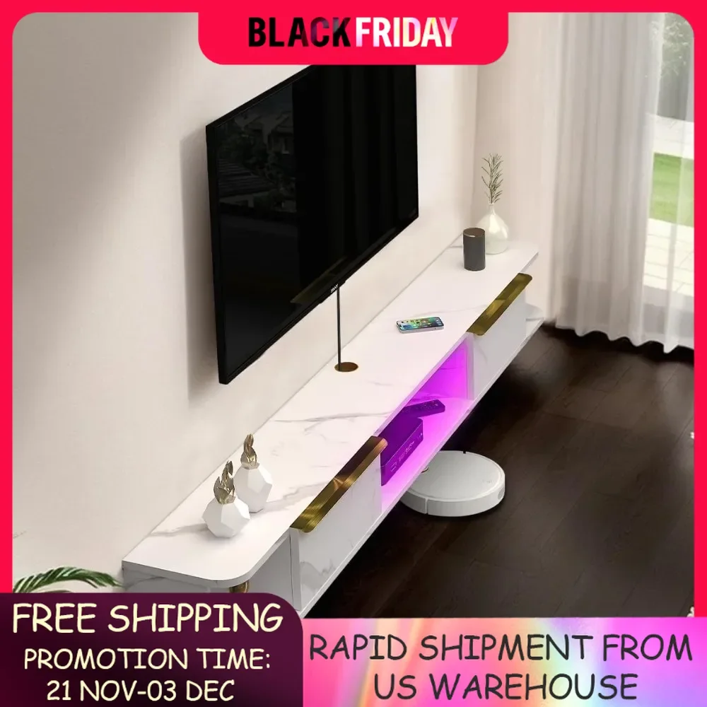 Floating TV Stand with LED Lights, 63'' Wall Mounted TV Cabinet with 2 Doors and 3 Cabinets, Modern Entertainment Media Console