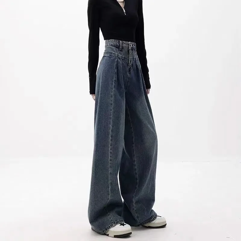 Spring Autumn Korean Fashion Streetwear High Waist Baggy Jeans Women Straight Thin Drape All-Match Wide-Leg Pants Jeans Femme