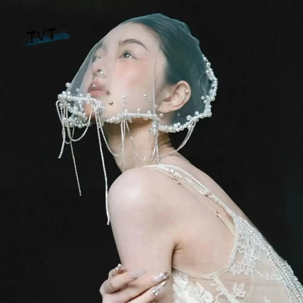 

Vintage Pearls Beads Brides Veil Short Tassels Wedding Veils Tulle White Bride Head Gauze Headwear