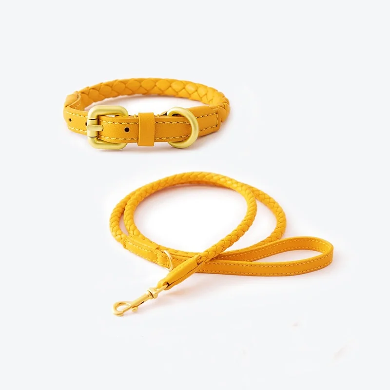 Leather Dog Leash and Collar Set Strong Hand-Woven metal accessories Macaron colors dog traction rope luxury leather pet leash