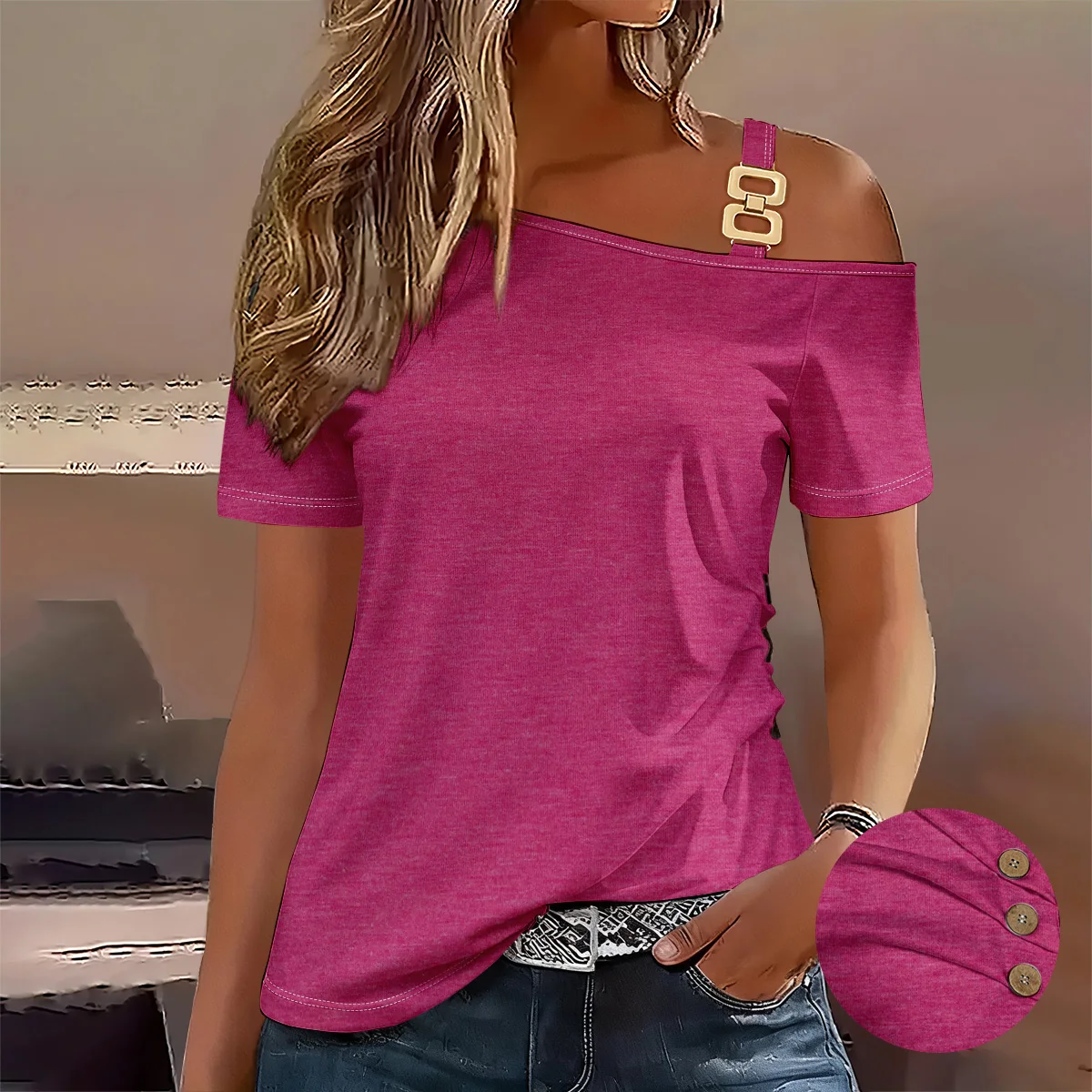 Summer 2026 New Women's Off-the-shoulder Double Snap short sleeve printed elegant casual t-shirt